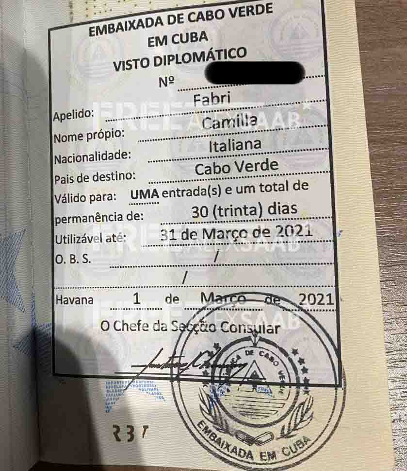Pasaporte diplomático de Camilla Fabri Saab