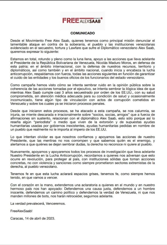 Comunicado Movimiento free Alex Saab Alex Saab lucha contra la currupción